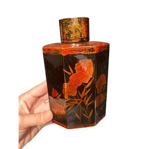 Black lacquer painted floral black orange bottle with lid- vintage with chips